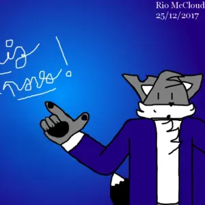 Colorful digital drawing of my fursona Rio, a gray fox with a blue jacket. He's pointing to the background text with his right paw. The background is a gradient of blue tones, with a handwritten text that says 'Feliz ano-novo!' (Happy new year!)