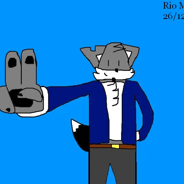 Colorful digital drawing of my fursona Rio, a gray fox with a blue jacket. He's looking at the viewer, making a peace symbol with his right paw. The background is a gradient of blue tones