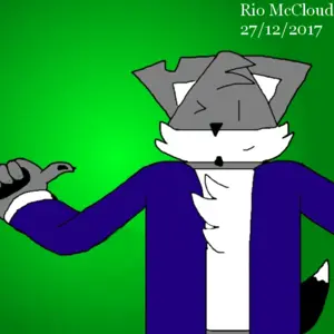 Colorful digital drawing of my fursona Rio, a gray fox with a blue jacket. He's blinking at the viewer, pointing to himself with his right paw. The background is a gradient of green tones