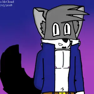 Colorful digital drawing of my fursona Rio, a gray fox with a blue jacket. He's smiling at the viewer, with his right arm behind him. The background is a gradient of blue and purple tones