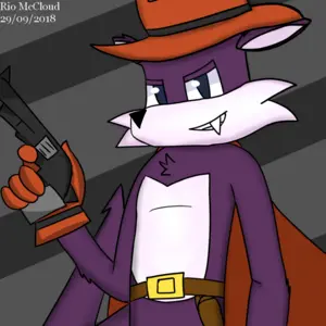 Colorful digital drawing of the character Fang the Sniper, from Sonic The Hedgehog series. He's smiling at the viewer, while holds a cork gun aiming upwards. The background is abstract, with gray tones in several diagonal lines