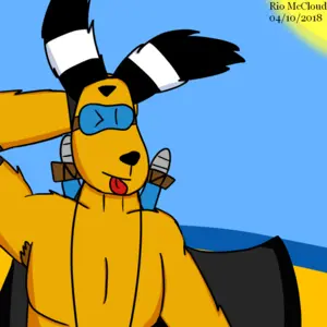 Colorful digital drawing of my fursona Noggy, a yellow dog with long ears. He's blinking to the viewer, with his tongue outside his mouth and with his right arm behind his head. The background is a beach at a sunny day, without clouds