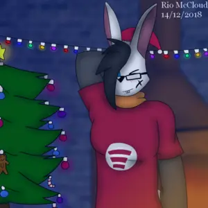 Colorful digital drawing of Cueliton's fursona, a white rabbit with a long black fringe. He's blushed and looking down, while his right arm is behind his head. He's also using a Santa Claus hat. The background is a living room with a Christmass tree, lights and a fireplace