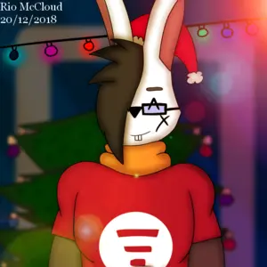 Colorful digital drawing of Cueliton's fursona, a white rabbit with a long black fringe. He's smiling at the viewer, with both arms behind him. He's also using a Santa Claus hat. The background is a living room with a Christmass tree and lights