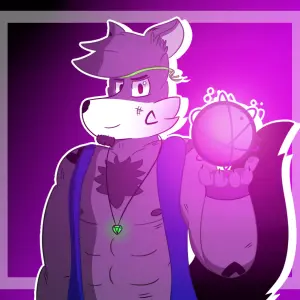 Colorful digital drawing of my fursona Rio, a gray fox with a blue jacket. He's looking at the viewer, holding a purple energy ball with his left paw. The background is a gradient of black and purple tones