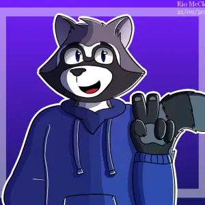 Colorful digital drawing of Kimo's fursona, a gray raccoon with a purple blouse. He's smiling at the viewer, making a peace symbol with his left paw. The background is a gradient of purple tones