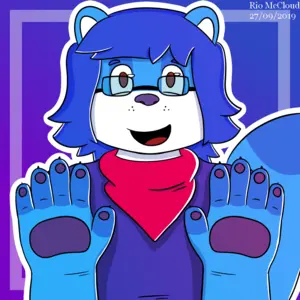 Colorful digital drawing of MBJ's fursona, a blue otter with a red scarf and a purple shirt. He's smiling at the viewer, showing both paws open. The background is a gradient of blue and purple tones