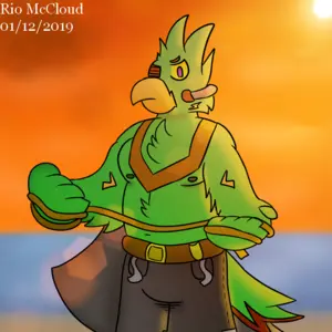 Colorful digital drawing of my fursona Jacky, a green parakeet with a robotic eye. He's facing the viewer, stretching a hope with both wings. The background is a blurred beach at the sunset