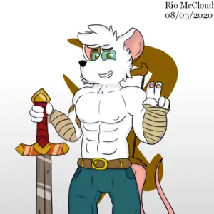 Colorful digital drawing of Tony Dunkel's fursona, a white warrior mice with brown stains. He's holding his sword like a scepter, and looking at the viewer making a peace symbol with his left paw. The background is abstract, with brown tones
