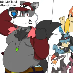 Colorful digital drawing of my fursona Rio, a chubby gray fox with red cap and jacket, and his Pokémon team, composed of Floatzel, Lucario, Incineroar, Staraptor, Krookodile and Decidueye. Rio is looking at the viewer, holding a Great Ball and with his clenched left fist raised high. At right, a table of his Pokémon are looking at the viewer too. The background is white
