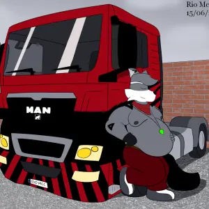 Colorful digital drawing of my fursona Rio, a chubby gray fox with red scarf and pants. He's leaning on his black and red MAN truck, holding his belly with his left paw. The background has a brick wall and a cloudy sky