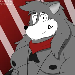 Colorful digital drawing of my fursona Rio, a chubby gray fox with long hair. He's looking at the viewer, with his right paw on his belly. The background is a gradient of red tones, with light rays