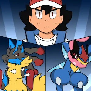 Colorful digital drawing of Ash Ketchum, his Lucario and his Greninja. The boy is dressed with his Journeys clothes, staring at the viewer, while his Lucario, Mega Evolved, show his fists. Greninja, with Battle Bond ability active, is jumping like a ninja. The background is a gradient of black and blue tones, with light rays