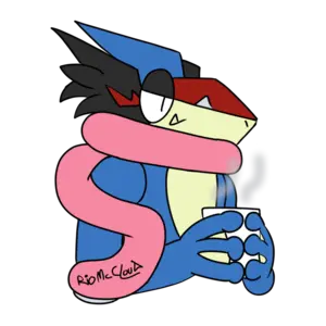 Colorful digital drawing of my greninja Satoshi. He's holding a coffee mug, looking down. The background is transparent