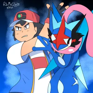 Colorful digital drawing of Ash Ketchum and his Greninja. The boy is dressed with his Journey clothes, holding the air with his right hand while the frog attacks, with Battle Bond ability active. The background is a gradient of black and blue tones