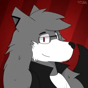 Colorful digital drawing of my fursona Rio, a chubby gray fox with long hair and black jacket. He's in profile, looking at the viewer. The background is a gradient of red tones