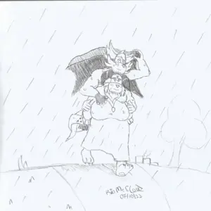 Black and white drawing of my fursonas Noggy (a chubby orange dog with long ears) and Hender (a blue dog with large side hairs that resemble a mustache) running away under the rain. Noggy is carrying Hender on his back, causing his spine to be curved. Hender is holding his cape above his head so they don't get wet. Despite Hender's effort, both are soaked in water and blushed, since they are cuddled together. In the background there is a tree, some bushes, a hill and a factory