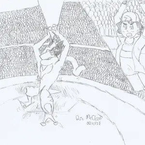 Black and white drawing of Ash Ketchum and his Greninja. The frog is up in the air with a giant Water Shuriken being hold, about to launch it to the opponent Pokémon. Since Battle Bond phenomenon is active in Greninja, a close up in the upper right corner shows Ash reproducing the same movement. In the background, there are a full stadium watching the battle