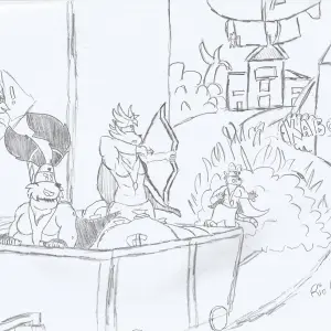 Black and white drawing of my fursonas Noggy (a chubby orange dog with long ears), Hender (a blue dog with large side hairs that resemble a mustache), Jacky (a green parakeet with a robotic eye) and Hakiya (a small white mice) escaping from national guard after looting an operations center. Jacky is off camera, and the rest of the group is inside of a train wagon. Noggy is leaning against the front of the wagon, looking back. Hakiya is on top of the carriage's rear partition, throwing bombs towards the train tracks. Hender is shooting arrows into the middle of the explosion, where there were unmanned national guard vehicles. In the background, buildings and other constructions are visible, as well as a national guard zeppelin, with fighters about to descend with ropes