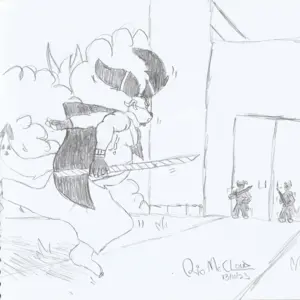 Black and white drawing of my fursona Noggy (a chubby orange dog with long ears) running towards a fortress, about to fight two guards. They are in position to attack Noggy with swords. On the right side of the fortress there is a thicket. Noggy is wearing a watch on his right wrist. This watch, instead of showing the time, shows the exact location of Noggy's team (Hender, Jacky and Hakiya)