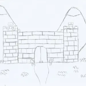 Black and white drawing of one of Endor's strongholds. It's a giant fortress, with two guards on the main entrance. In the background, there are mountains