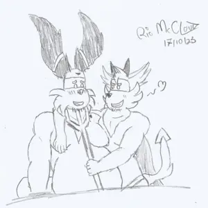 Black and white drawing of my fursonas Noggy (a chubby orange dog with long ears) and Hender (a blue dog with large side hairs that resemble a mustache). Hender is dressed up as a demon and is hugging Noggy from the left side, looking at him, pressing his chin with a trident. Noggy is looking down, flushed