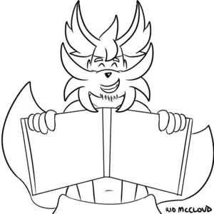 Drawing of my fursona Hender, smiling while holds a book opened to the viewer