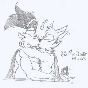 Black and white drawing of my fursonas Noggy (a chubby orange dog with long ears) and Hender (a blue dog with large side hairs that resemble a mustache) kissing each other in the mouth. Noggy is taller than Hender and is holding Hender's hip, and Hender is hugging Noggy in his shoulders. Their tails are wrapped around each other