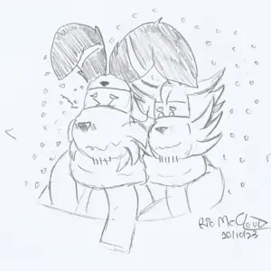 Black and white drawing of my fursonas Noggy (a chubby orange dog with long ears) and Hender (a blue dog with large side hairs that resemble a mustache) standing side by side. They are wearing cold clothes like coats and scarves. Noggy is making an uncomfortable expression, while Hender, also cold, tries to cheer him up by hugging him from behind. There are ice drops at the background