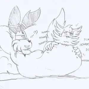 Black and white drawing of my fursonas Noggy (a chubby orange dog with long ears) and Hender (a blue dog with large side hairs that resemble a mustache). Noggy is lying down, resting his head on a bush, with his belly larger than normal after eating, with Hender's head resting on Noggy's belly while rubbing it