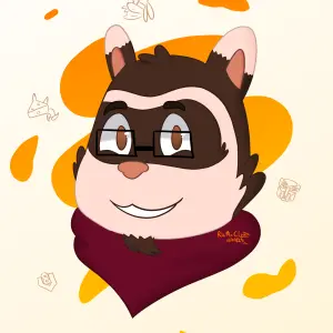 Headshot of Leone's fursona, a smiling ferret, with glasses and a red scarf in his neck. The background is abstract, with light and yellow-orange tones