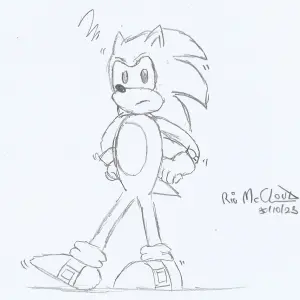 Black and white drawing of Sonic the Hedgehog in his classic idle pose. He's looking to the camera, stamping his feet