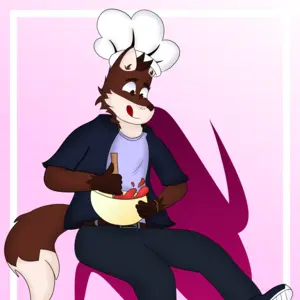 Colorful digital drawing of Gabe's fursona, wearing his regular clothes alongside a chef hat. He's suspended in the air, with a bowl in hands, mixing a reddish batter with a wooden spoon. He's looking to the bowl, making an expression of admiration for what he's preparing. In the background, there are an abstract symbol in a wine-colored gradient with the background varying from white to pink