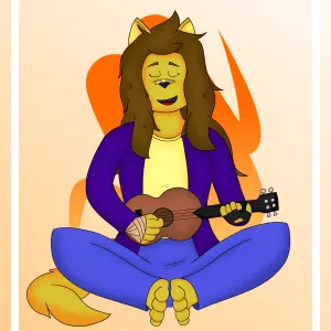 Colorful digital drawing of Jayden's fursona, wearing her regular clothes. She's sitting, with a ukulele in her hands. She has her eyes closed while play the musical instrument and sing a song with a smile. In the background, there are an abstract symbol in a orange-colored gradient with the background varying from white to orange