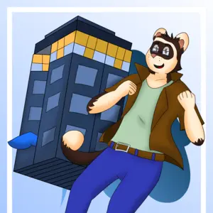 Colorful digital drawing of Leone's fursona, wearing a special piece of clothing inspired by time lords from the Dr. Who TV series. He's suspended in the air, with his arms raised, looking happy at the viewer. In the background, there are his own TARDIS, where is possible to see his Lucario's tail sticking out of the door. Alongside it, there are an abstract symbol in a blue-colored gradient with the background varying from white to light blue