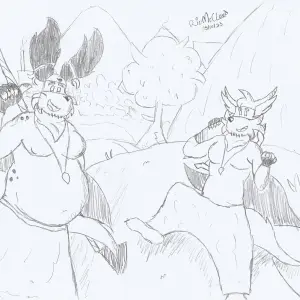 Black and white drawing of my fursonas Noggy (a chubby orange dog with long ears) and Hender (a blue dog with large side hairs that resemble a mustache) looking at the viewer, about to embark on a path. Noggy makes a gesture pointing back and Hender has his right leg raised, as if he were going to run, is carrying his quiver on his right shoulder and making a closed-handed gesture with his left hand. The background is made up of mountains, a tree that Noggy usually likes to climb to look at the sky, and even further in the background, the nation