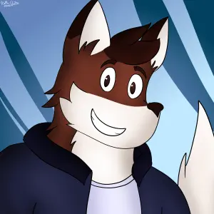 Colored digital drawing of Gabe's fursona, a brown fox with a blue shirt. He's smiling at the viewer. The background has abstract blue forms