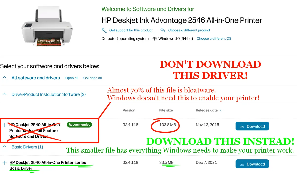 Small annotation on top of a webpage screen capture, explaining the differences from the full bloated driver to the basic slim driver