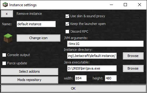 Betacraft's instace settings window