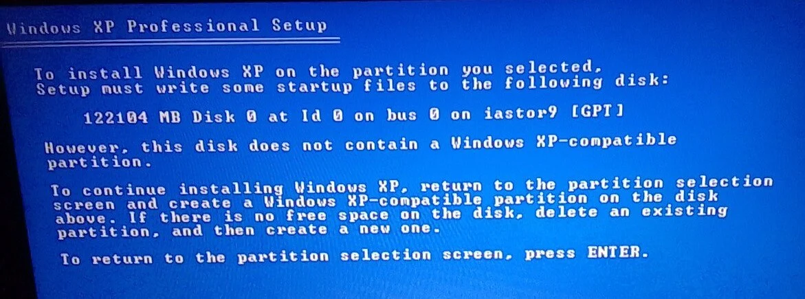 Windows XP installer error - 'not a Windows XP-compatible partition'