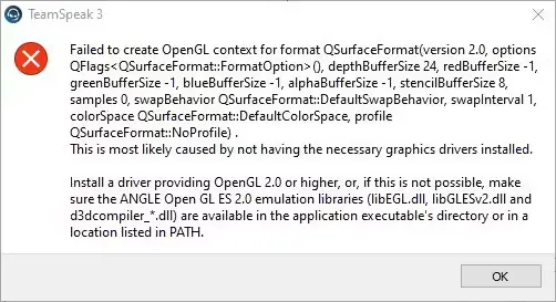 TeamSpeak 3 OpenGL error window